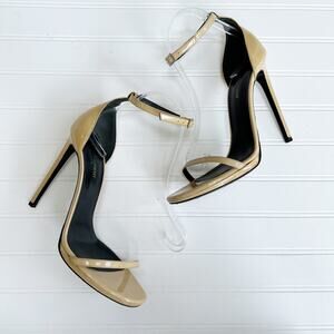 Saint Laurent Beige Nude Tan Patent Leather Jane Heel Sandal Ankle Strap